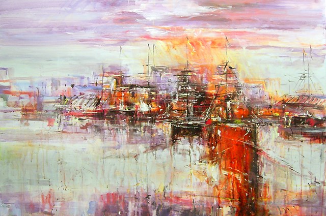 Obraz do salonu artysty Dariusz Grajek pod tytułem Port o zachodzie słońca