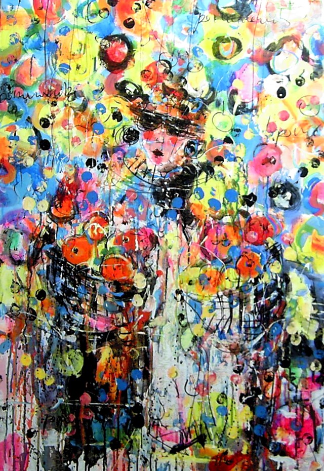 Living room painting by Dariusz Grajek titled Lady in fruits