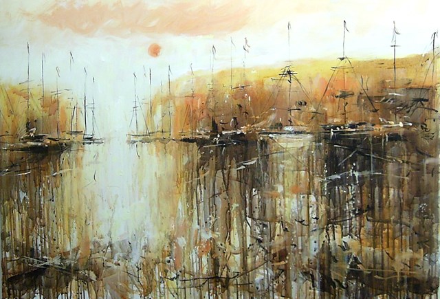 Living room painting by Dariusz Grajek titled Sun in the harbor