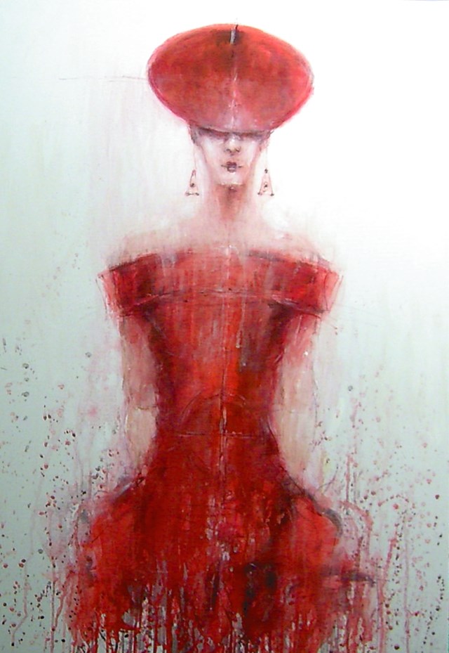 Living room painting by Dariusz Grajek titled Red hat
