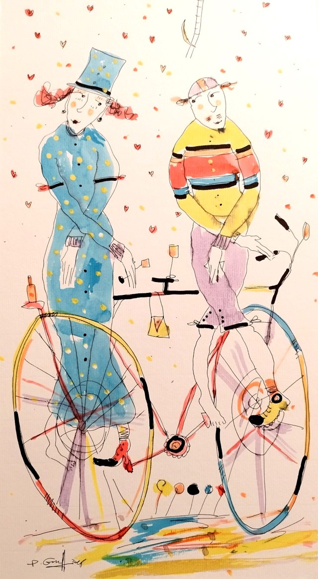 Living room painting by Dariusz Grajek titled Rowerianie na tandemie...