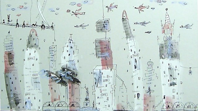 Living room painting by Dariusz Grajek titled Anielice i budowlańcy nad Manhattanem...