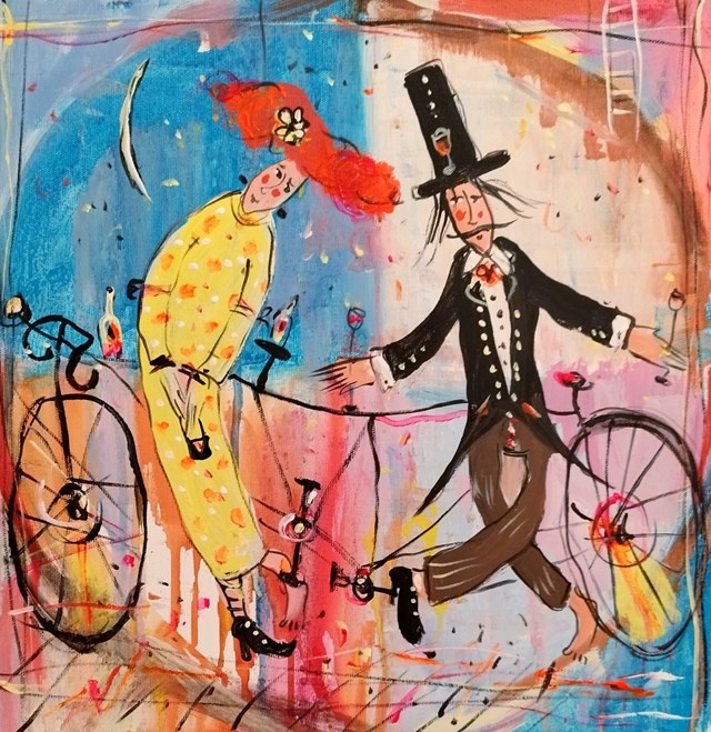 Living room painting by Dariusz Grajek titled Parasol miłości i tandem...