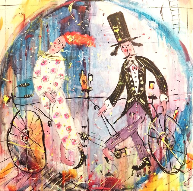 Living room painting by Dariusz Grajek titled Miłość na bicyklu...