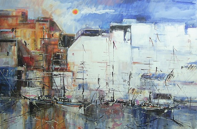Living room painting by Dariusz Grajek titled Portowe klimaty...