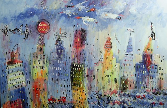 Living room painting by Dariusz Grajek titled Budowlańcy Manhattanu....
