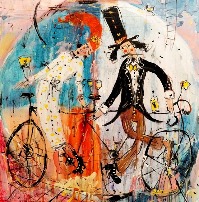 Living room painting by Dariusz Grajek titled Stary tandem i zakochanie...