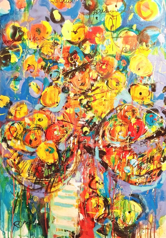 Living room painting by Dariusz Grajek titled Panna w owocach...