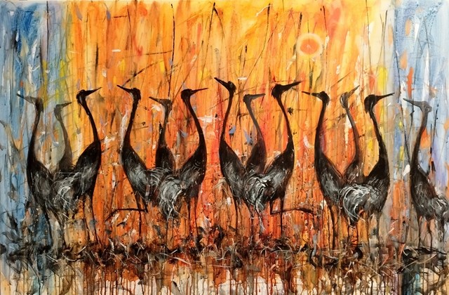Living room painting by Dariusz Grajek titled Żurawie....