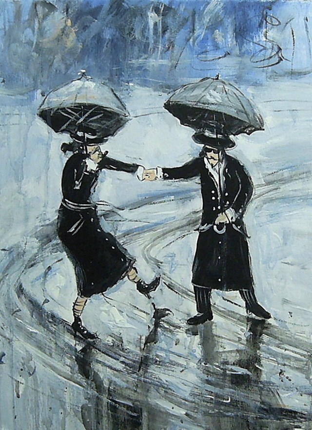 Living room painting by Dariusz Grajek titled Dwie zakochane parasolki...