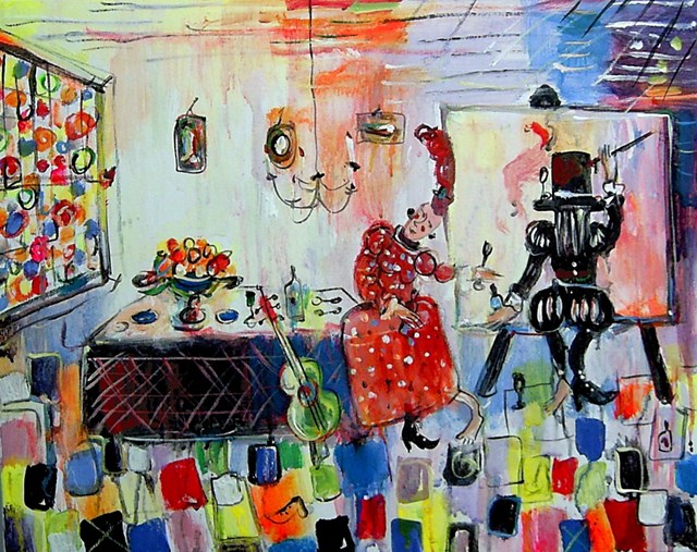 Living room painting by Dariusz Grajek titled Modelka i artysta....