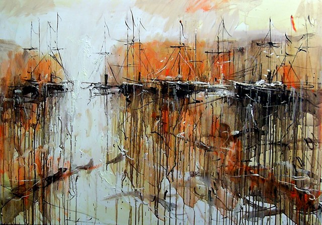 Living room painting by Dariusz Grajek titled Orange boats