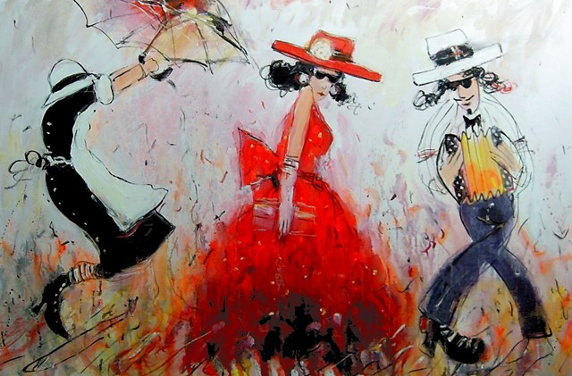 Living room painting by Dariusz Grajek titled Women in red hat