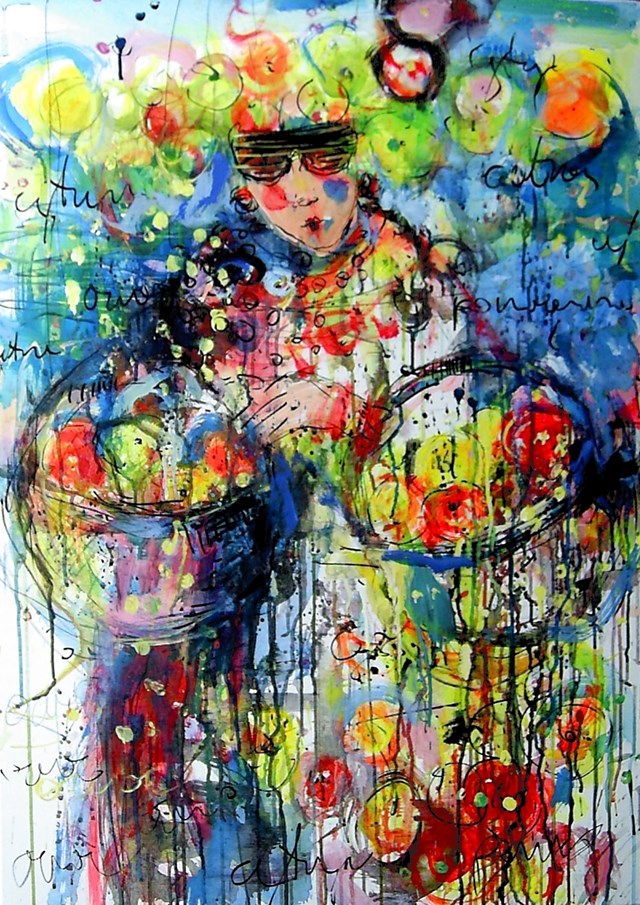 Living room painting by Dariusz Grajek titled Woman with fruits ...