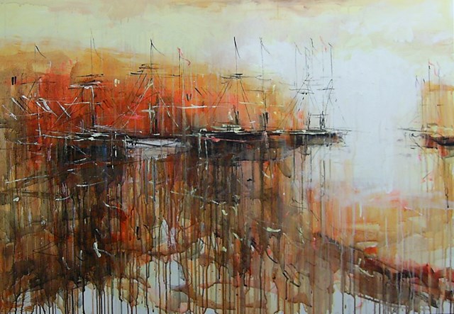 Living room painting by Dariusz Grajek titled Old harbour and boats