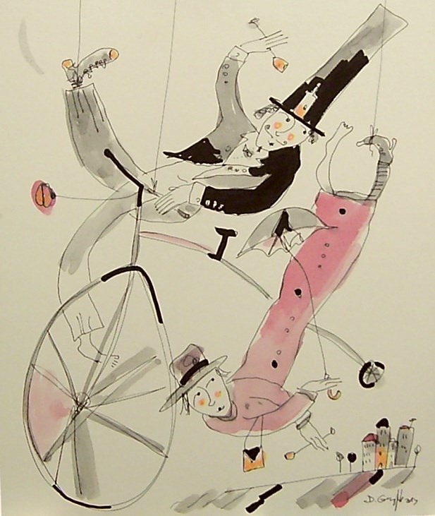 Living room painting by Dariusz Grajek titled Cyclists in love