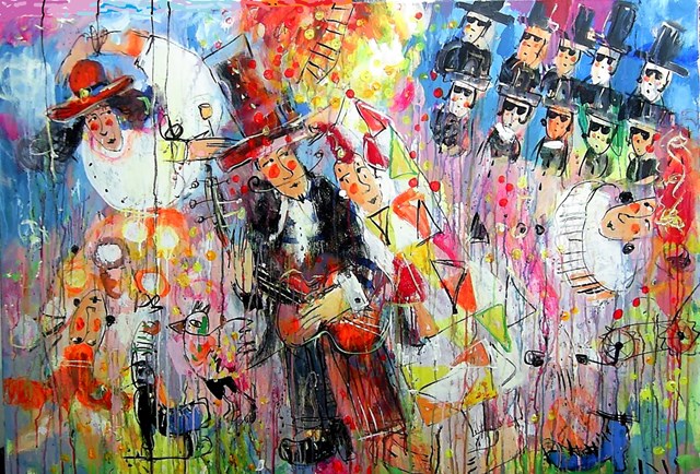 Obraz do salonu artysty Dariusz Grajek pod tytułem Colombina i cyrkowcy....