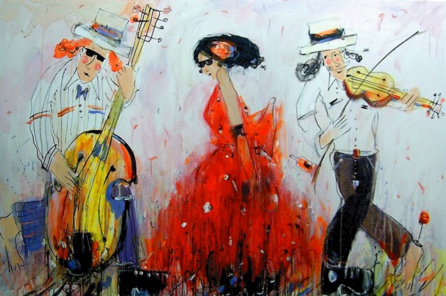 Living room painting by Dariusz Grajek titled Musicians and the lady ....