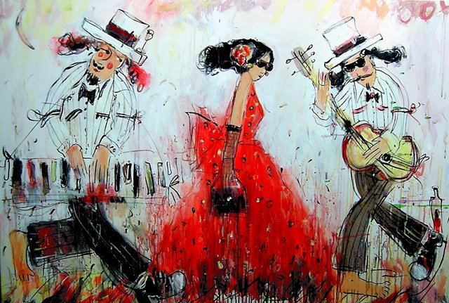Obraz do salonu artysty Dariusz Grajek pod tytułem Panna i muzykanci....
