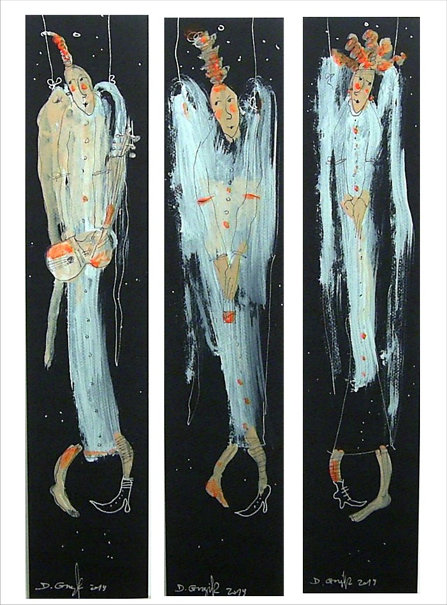 Living room painting by Dariusz Grajek titled Three angels triptych