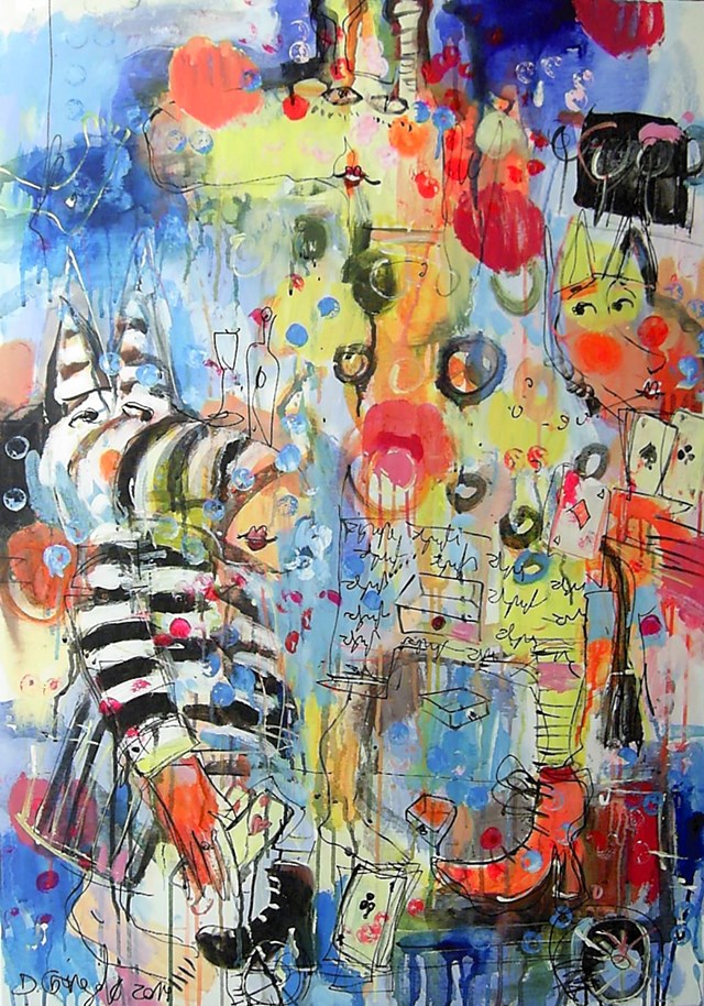 Living room painting by Dariusz Grajek titled  Zebra i płonąca żyrafa 