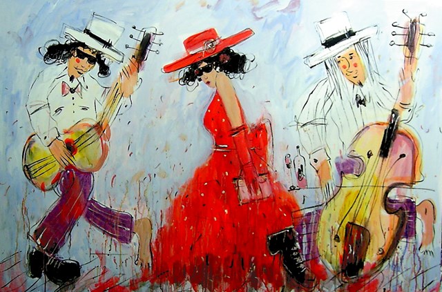 Living room painting by Dariusz Grajek titled Musicians and the lady ....