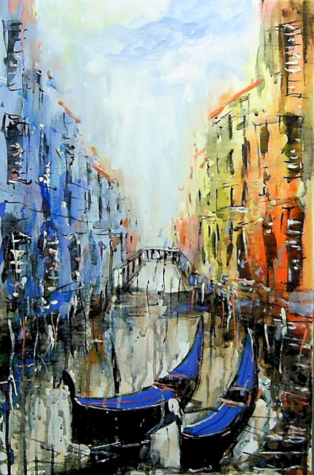 Living room painting by Dariusz Grajek titled Two Venetian gondolas