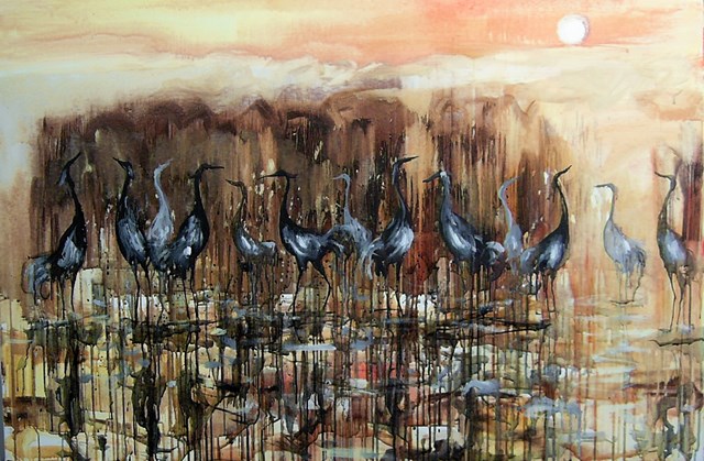 Living room painting by Dariusz Grajek titled Cranes