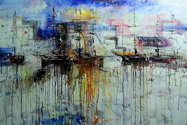 Living room painting by Dariusz Grajek titled  Port on the Costa Brava ....