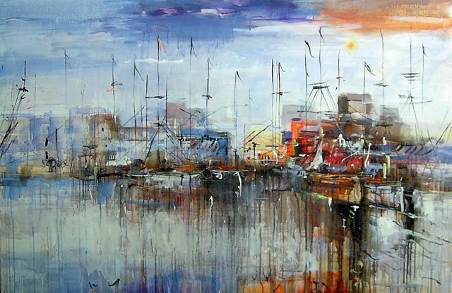Living room painting by Dariusz Grajek titled  Fishing port ....
