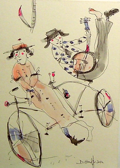 Living room print by Dariusz Grajek titled  Bicycle, lady and gentleman ...
