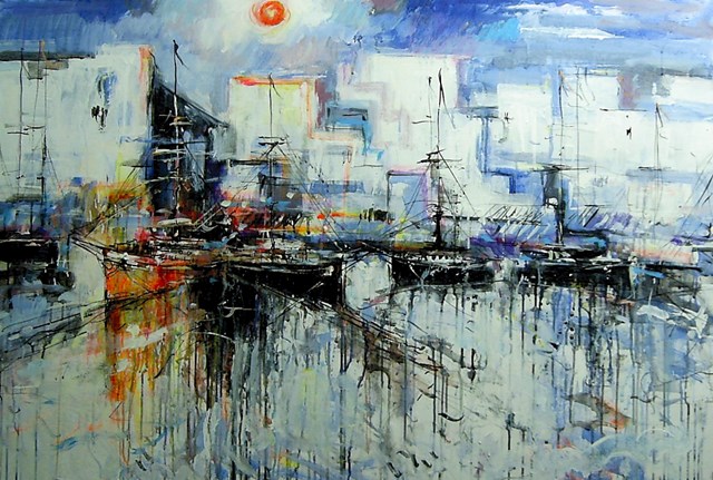 Living room painting by Dariusz Grajek titled  Boats, port, water .....