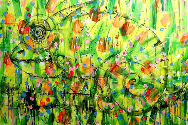 Living room painting by Dariusz Grajek titled Green chameleon