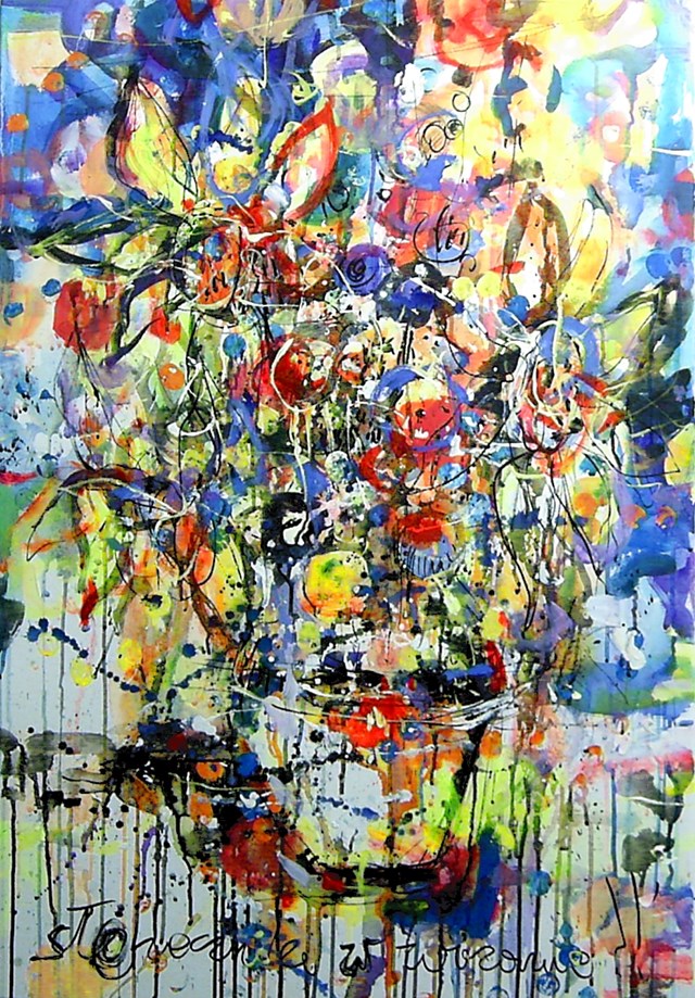 Living room painting by Dariusz Grajek titled Vessel with Flowers
