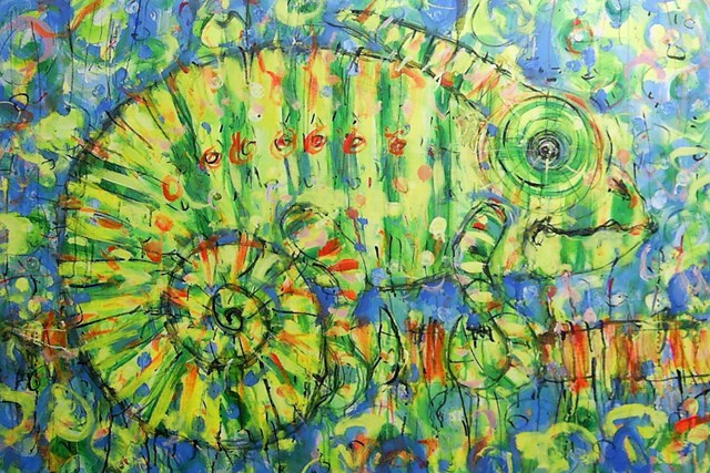 Obraz do salonu artysty Dariusz Grajek pod tytułem Kameleon w błękitach...
