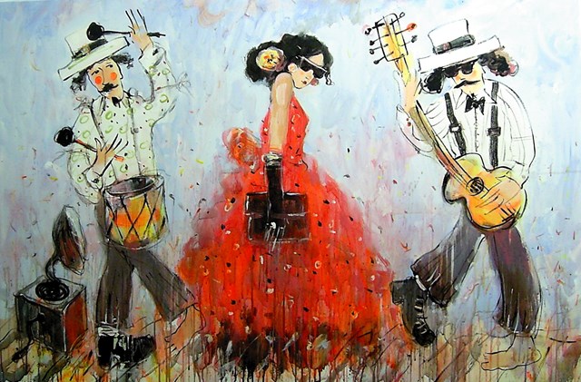 Living room painting by Dariusz Grajek titled Music and lady