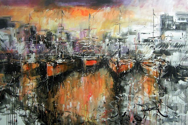 Living room painting by Dariusz Grajek titled Boats at moorings