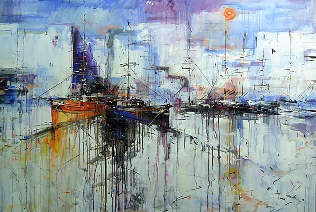 Living room painting by Dariusz Grajek titled Boats on moorings