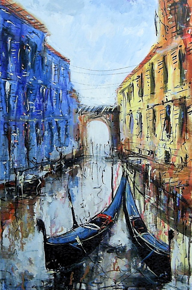 Living room painting by Dariusz Grajek titled Two gondolas and a bridge