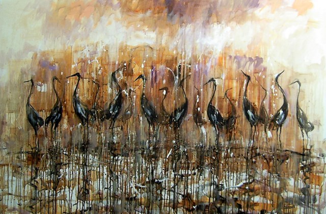 Living room painting by Dariusz Grajek titled Birds above the water