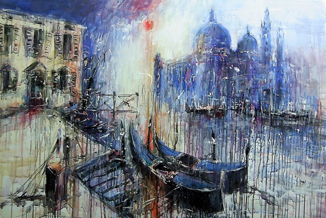 Living room painting by Dariusz Grajek titled Venetian street and gondolas