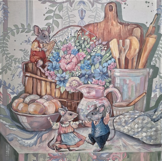 Living room painting by Nadia Siemek titled Festyn na Orzechowej