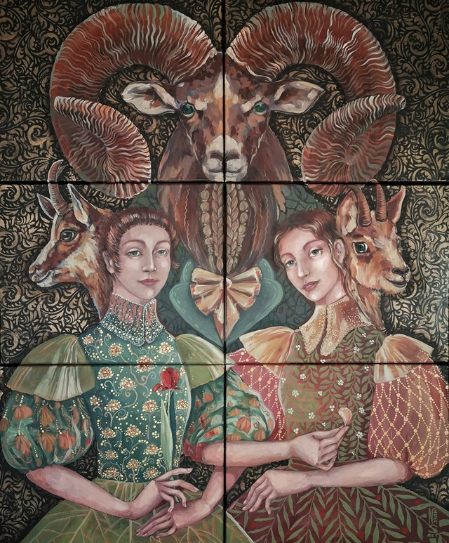 Living room painting by Nadia Siemek titled Córki Boga - Strażnika Hejmdallara