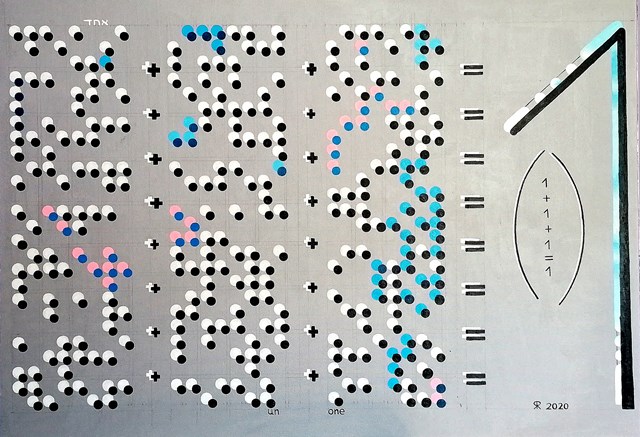 Living room painting by Ryszard Rabsztyn titled  1+1 +1 =1