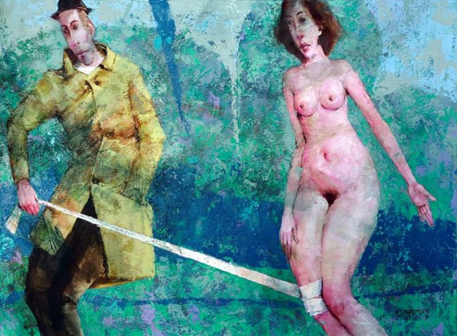 Obraz do salonu artysty Waldemar J. Marszałek pod tytułem Adam złapał Ewę za kolano