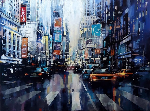 Living room painting by Piotr Zawadzki titled Metropolis. Times Square New York.