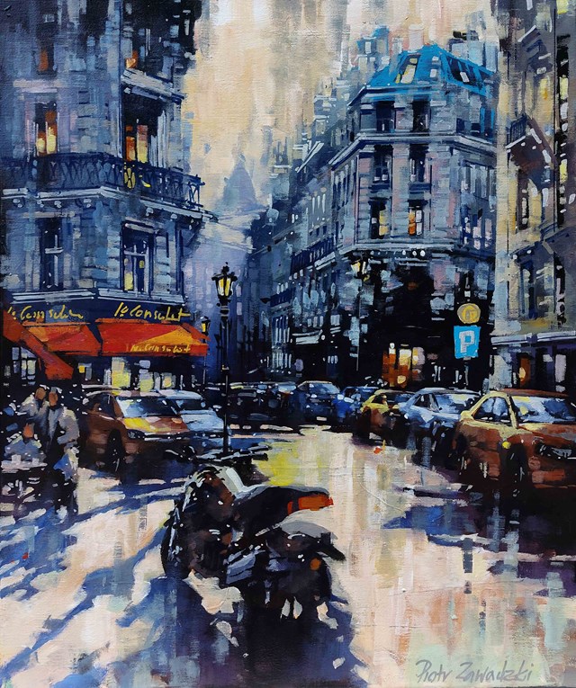 Living room painting by Piotr Zawadzki titled Metropolis.  Impressions from Paris 7