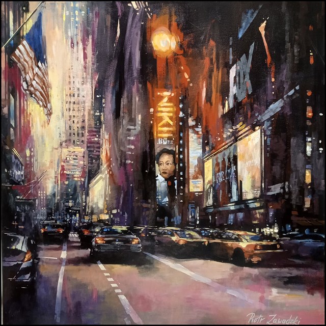 Living room painting by Piotr Zawadzki titled Metropolis. Manhattan Evening