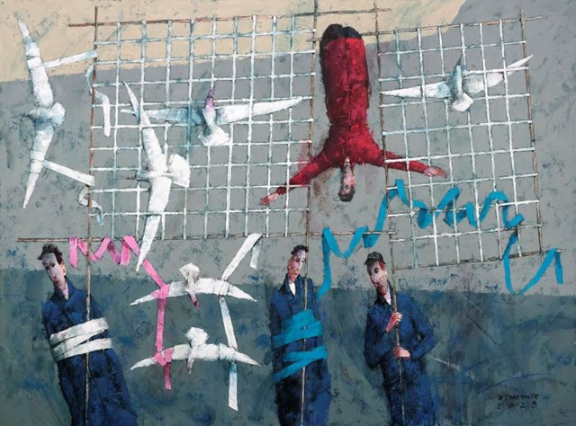 Obraz do salonu artysty Waldemar J. Marszałek pod tytułem Z cyklu Panowie trzymajcie swoje ptaki na uwięzi