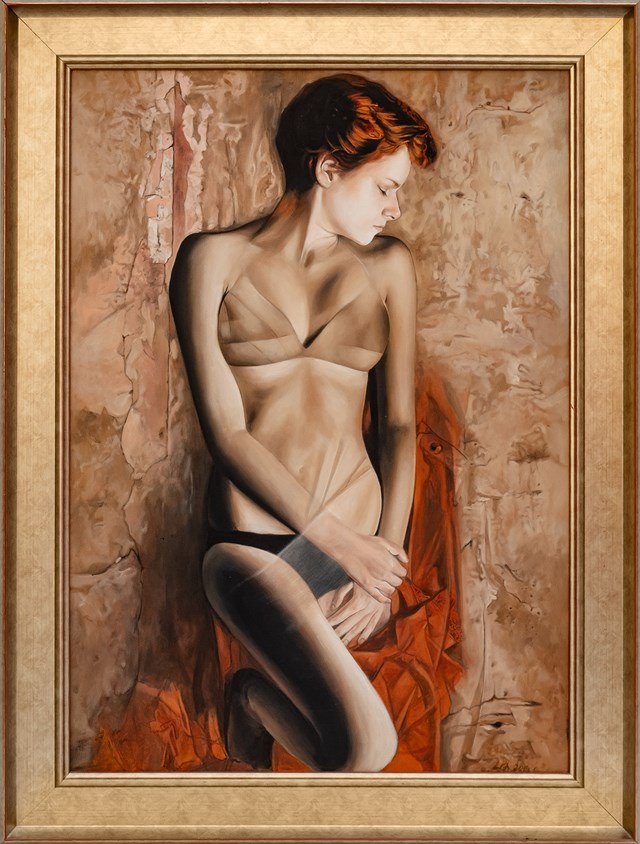 Living room painting by Paulina Wilk titled Woman with Red Hair II